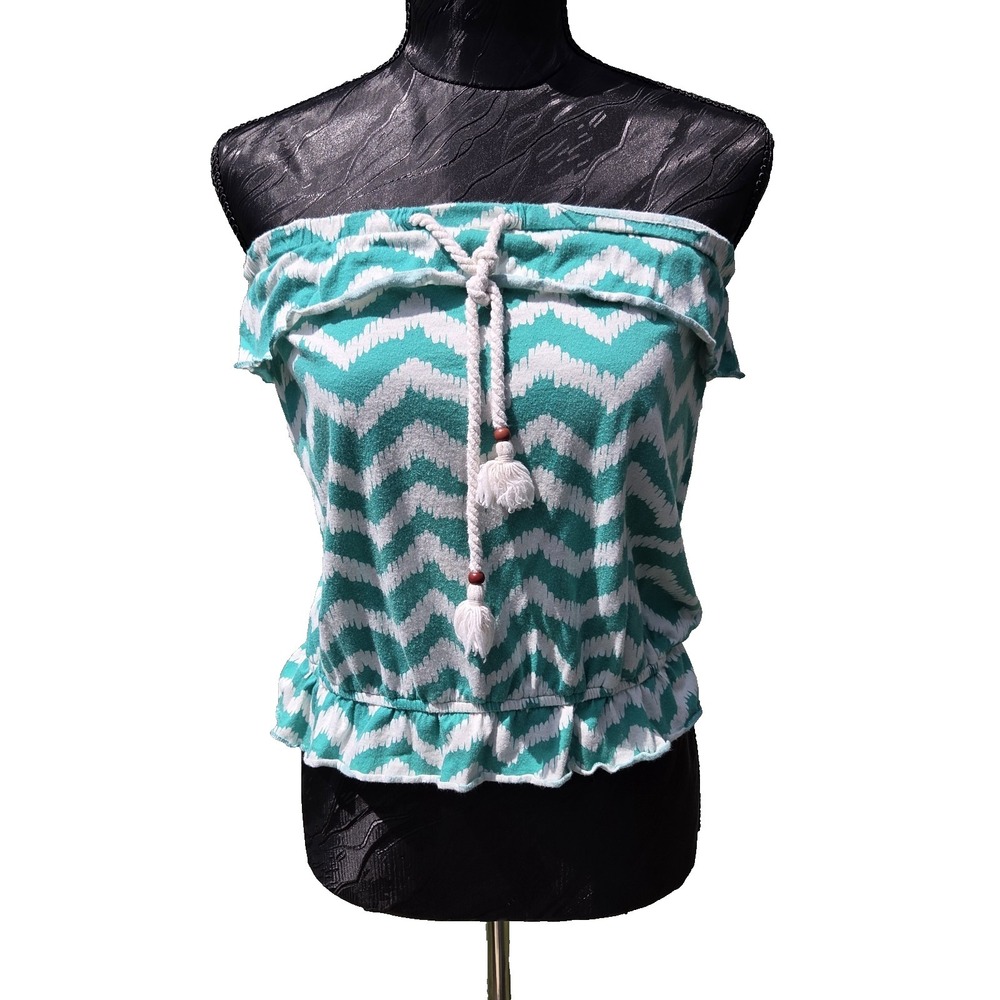 Y2K Arizona Jeans Co Tube Top Large Womens/Jrs Green White Chevron Ruffles Beach